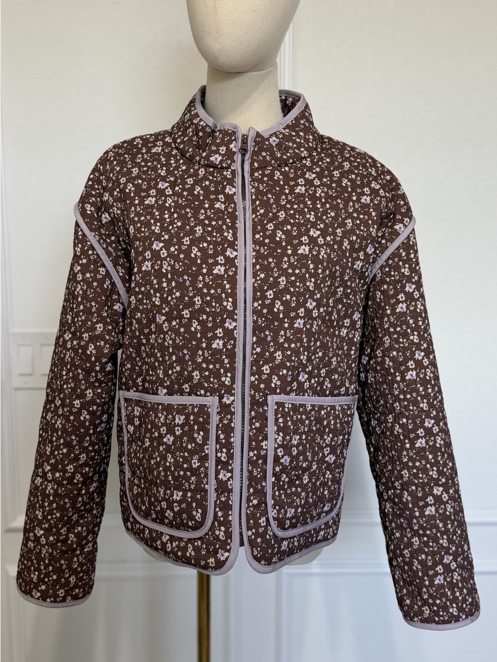 Thread & Supply Brown Floral Quilted Jacket with Light Trim